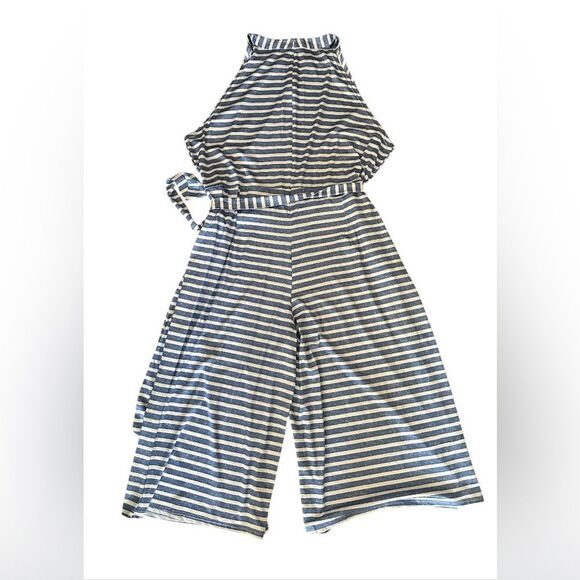 Women's Striped Sleeveless Halter Top Jumpsuit with Belt - Size 4X. Blue/White - Picture 3 of 9